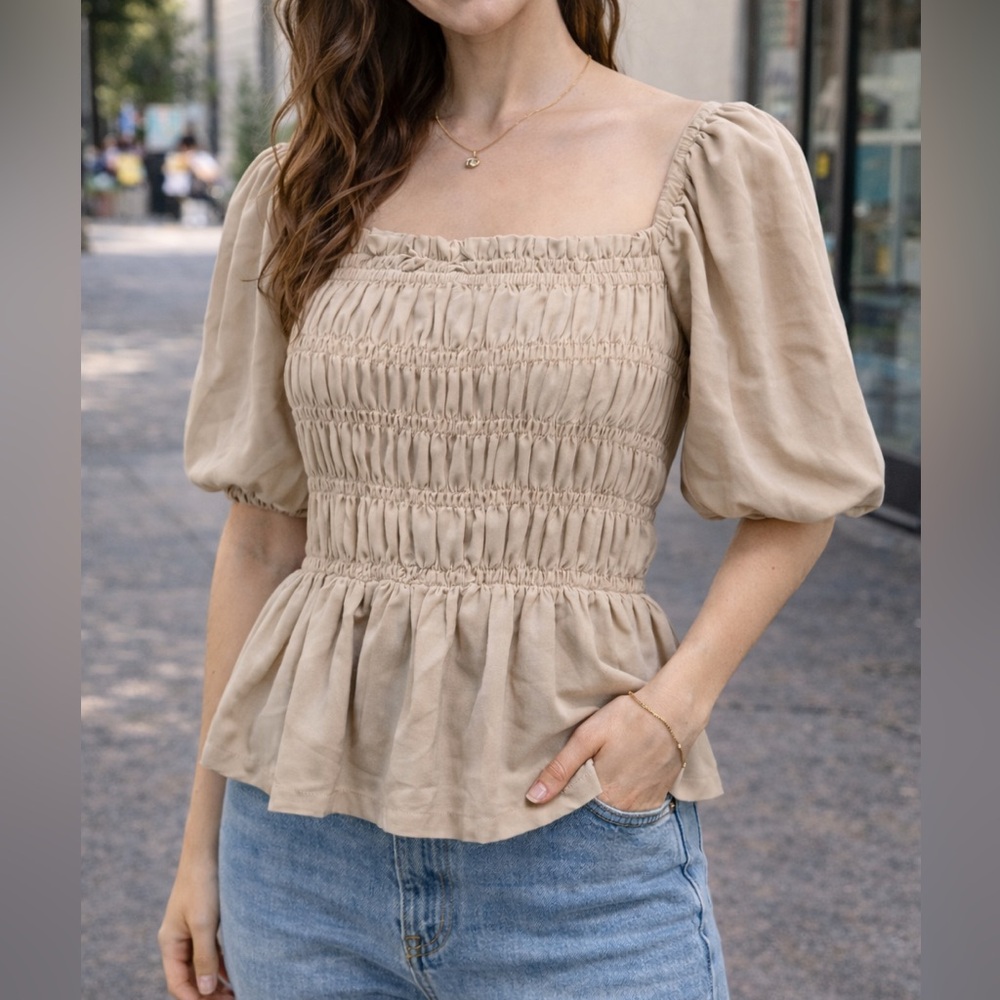 Elegant Beige Smocked Women's Top